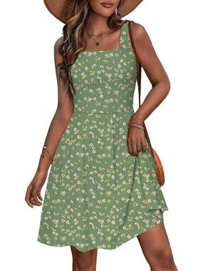 Women's Summer Square Neck Dress with Pocket Sleeveless Flower-75 High Waist